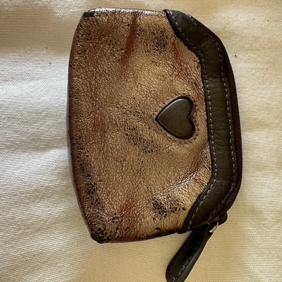 Brighton Bags Vintage Brighton Brown Metallic Leather Coin Purse With A Heart Decor Zip Top